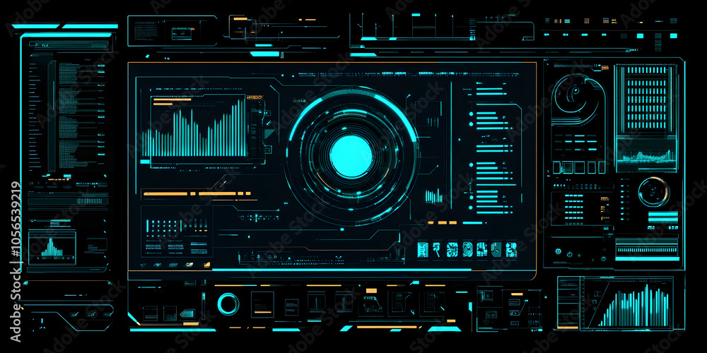 Futuristic Tech Interface: A sleek, futuristic interface with glowing blue and orange accents, featuring a central circular display and a multitude of data visualizations. Futuristic Tech Interface: A sleek, futuristic interface with glowing blue and orange accents, featuring a central circular display and a multitude of data visualizations.