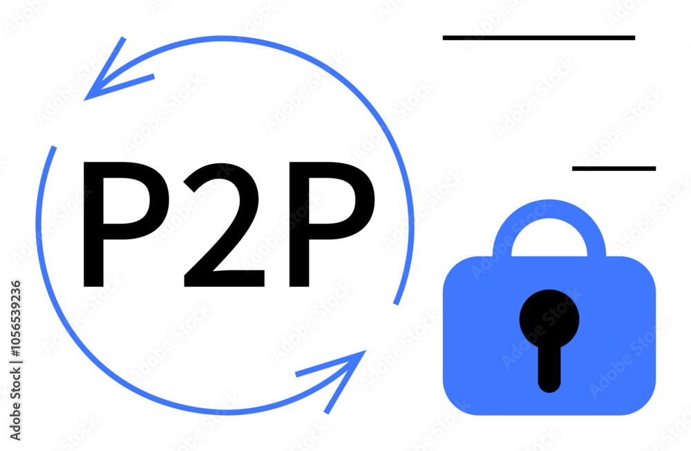 P2P text with circular arrows at the left and a blue lock on the right. Ideal for technology and security and data transfer and encryption and peer-to-peer networks. Line art and modern style