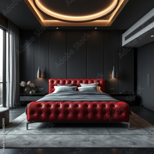 Luxurious modern bedroom in dark grey tones with red leather bed elegant and minimalist interior design master bedroom Ultra realistic  photo