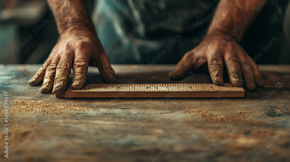 Close-up of skilled hands measuring wood with a ruler on a workbench. The scene reflects craftsmanship and attention to detail in woodworking. Close-up of skilled hands measuring wood with a ruler on a workbench. The scene reflects craftsmanship and attention to detail in woodworking.