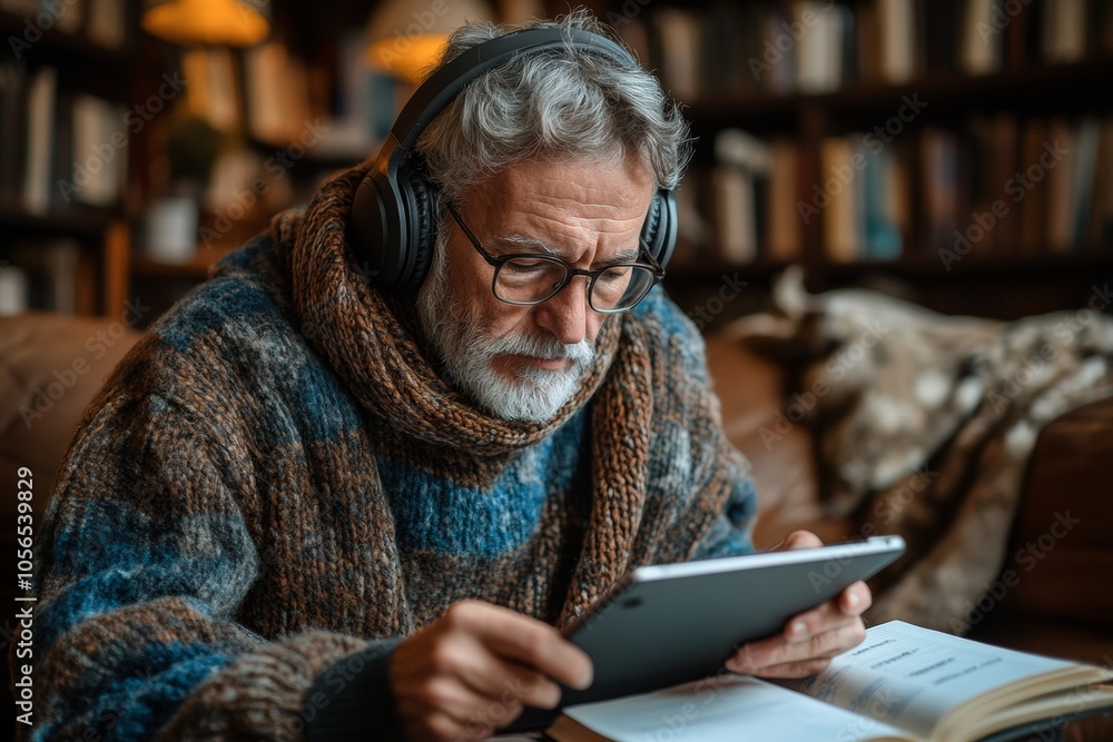Middle-Aged Man Engaged in Digital Learning at Home in Warm, Inviting Atmosphere Middle-Aged Man Engaged in Digital Learning at Home in Warm, Inviting Atmosphere