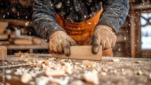 Craftsman working with wood, planing a wooden board in a workshop. Shavings scatter around amidst a warm, busy atmosphere of craftsmanship.