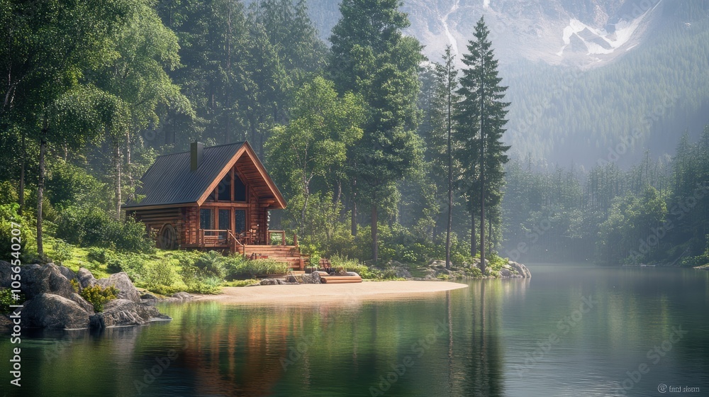 Fototapeta premium Cabin, lake, forest, mountains, reflections.