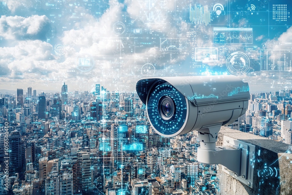 A security camera overlooks a city skyline with digital data and network connections overlayed. A security camera overlooks a city skyline with digital data and network connections overlayed.