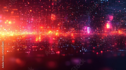 Abstract digital landscape with vibrant colors and glowing particles.