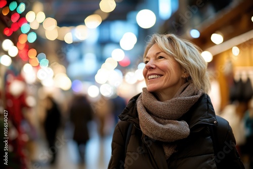 Happy smiling middle aged woman in winter clothes at street Christmas market in Paris 