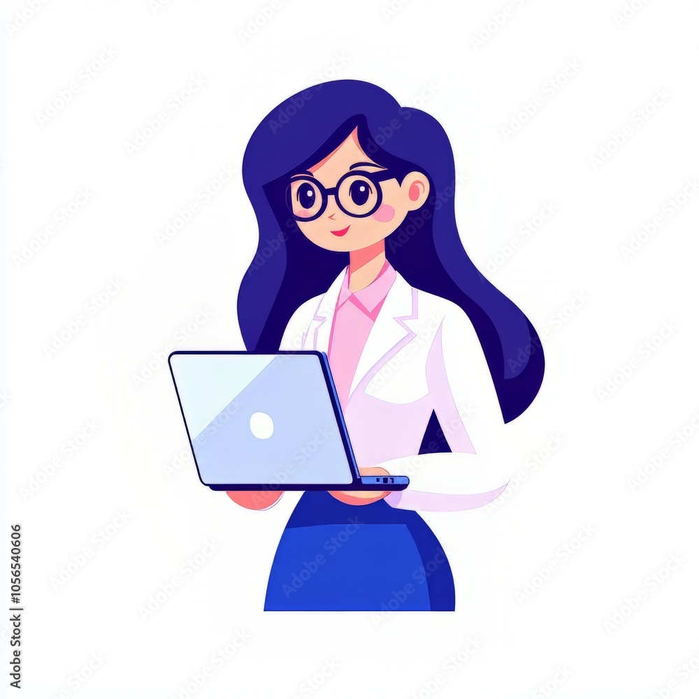 Woman in lab coat using laptop, engaged in professional work. Woman in lab coat using laptop, engaged in professional work.