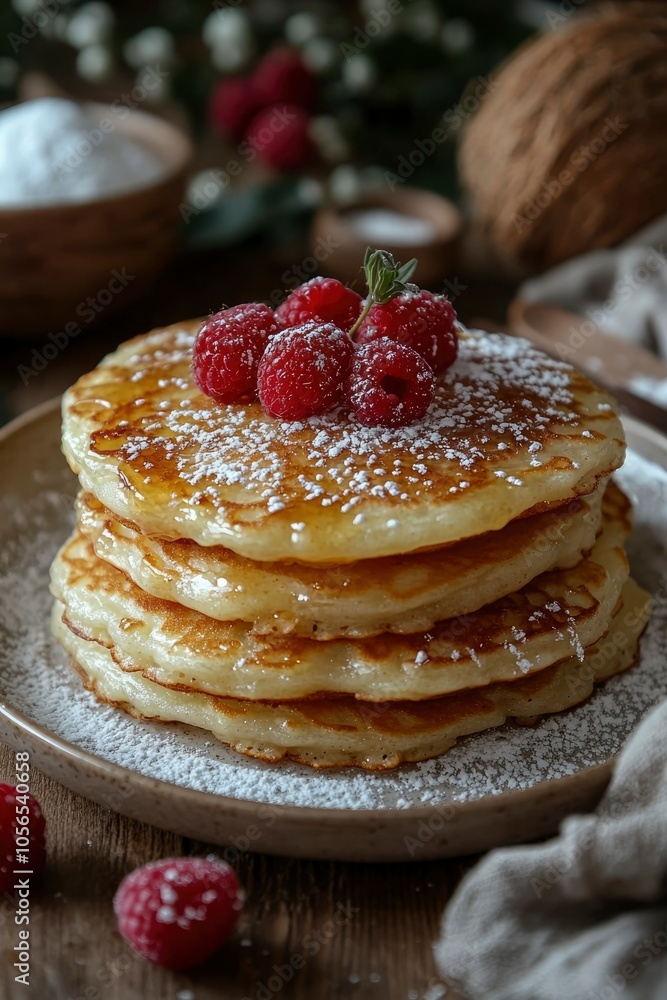 A Stack of Pancakes Topped with Raspberries, Syrup, and Powdered Sugar A Stack of Pancakes Topped with Raspberries, Syrup, and Powdered Sugar