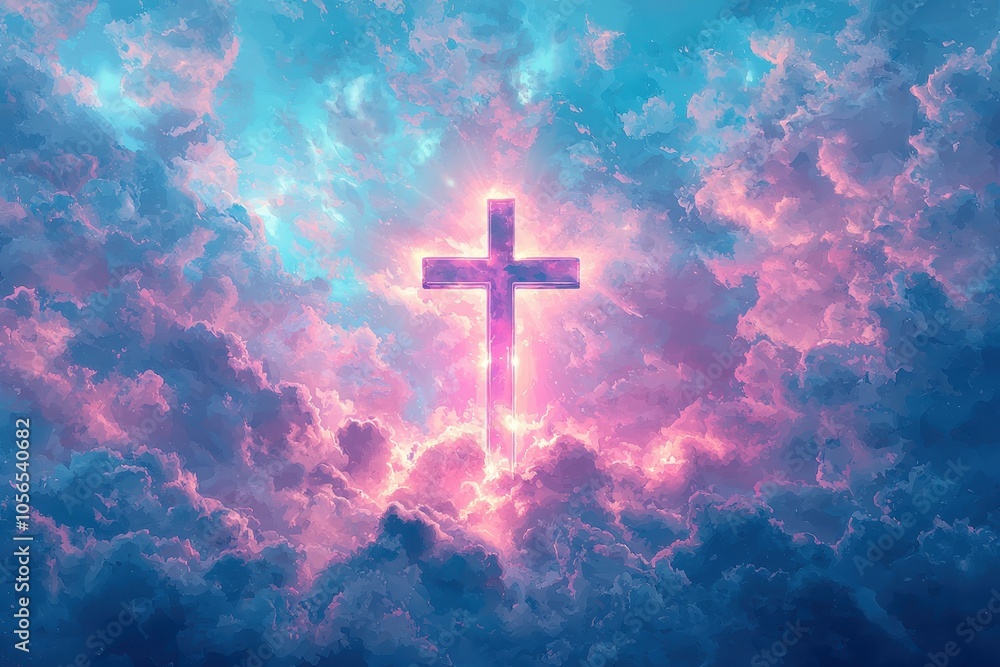 Religion and clouds symbolism concept. A radiant cross illuminated in vibrant clouds symbolizing faith and spirituality amidst a colorful sky Religion and clouds symbolism concept. A radiant cross illuminated in vibrant clouds symbolizing faith and spirituality amidst a colorful sky
