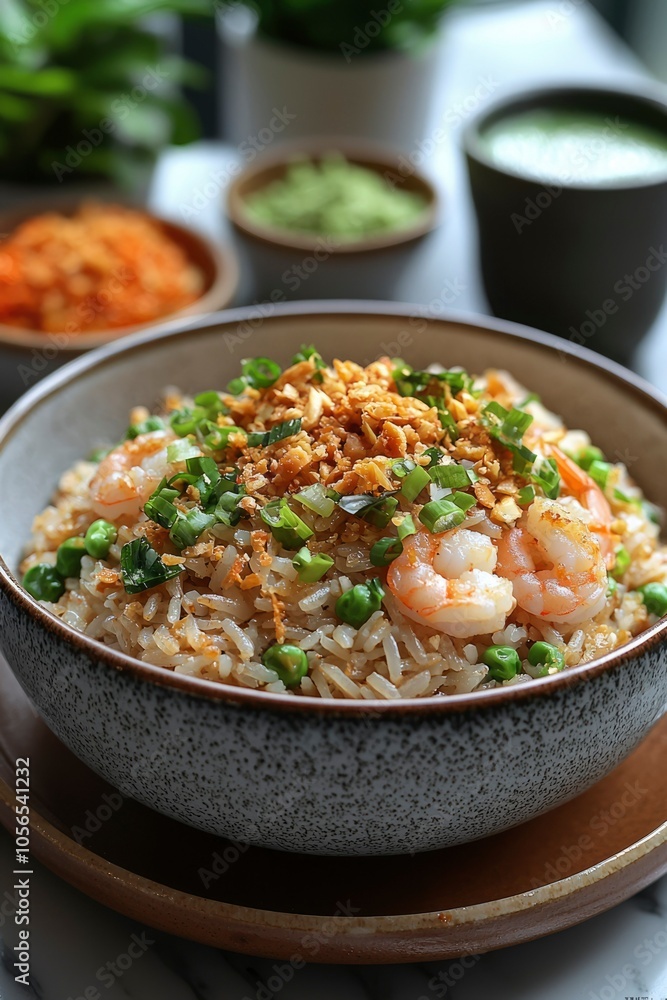Bowl of Fried Rice with Shrimp, Green Onions, and Peas Bowl of Fried Rice with Shrimp, Green Onions, and Peas