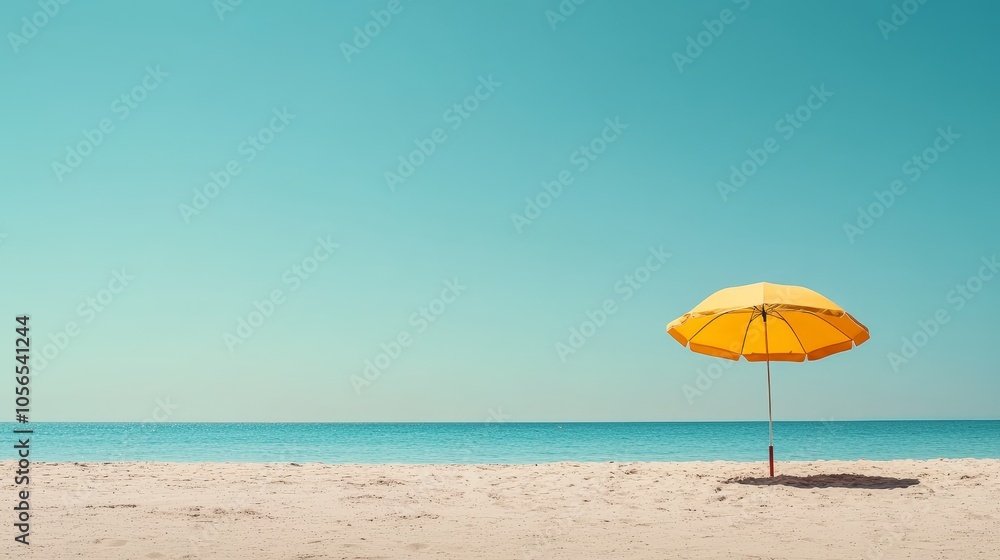 Yellow Beach Umbrella on Sandy Beach with Blue Sky and Ocean Yellow Beach Umbrella on Sandy Beach with Blue Sky and Ocean