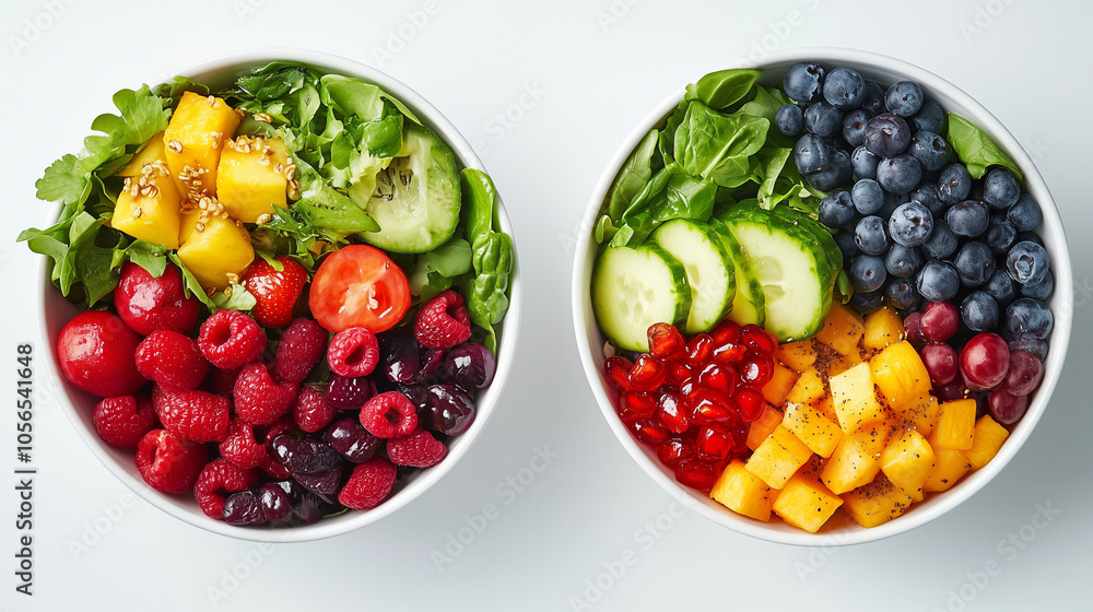 Colorful vegetarian school salad bowls with fresh fruits and vegetables Colorful vegetarian school salad bowls with fresh fruits and vegetables