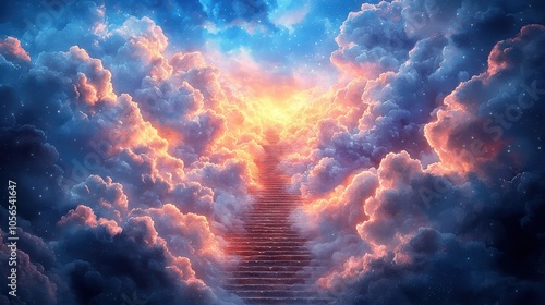 A vibrant depiction of a stairway through colorful clouds leading towards a glowing horizon evoking serenity and wonder