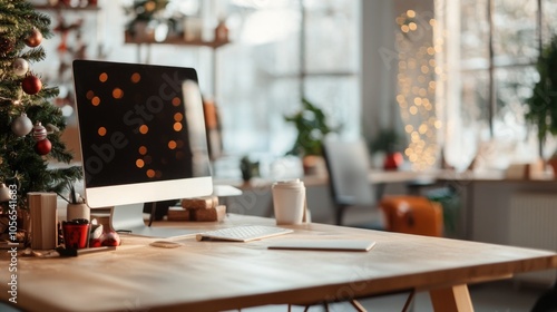 Open office space decorated for Christmas holidays with trees and ornaments, creating warm and festive atmosphere at workplace	
 photo