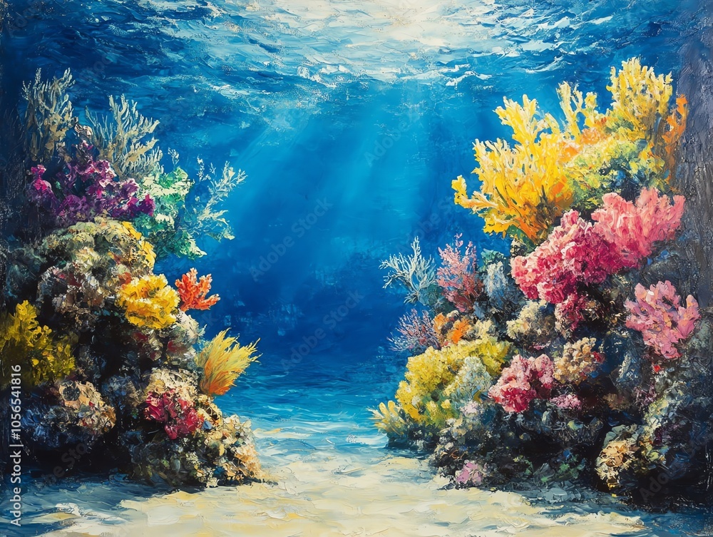 Naklejka premium Underwater painting of a vibrant coral reef with sunlight shining through the water.