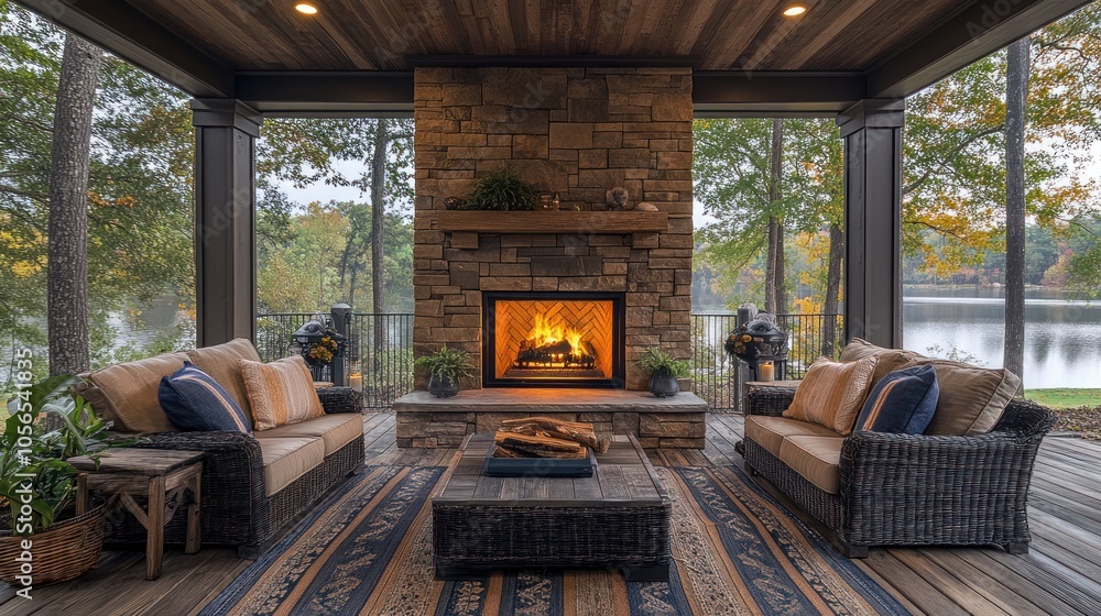 Cozy outdoor living space with a fireplace by the lake. Cozy outdoor living space with a fireplace by the lake.