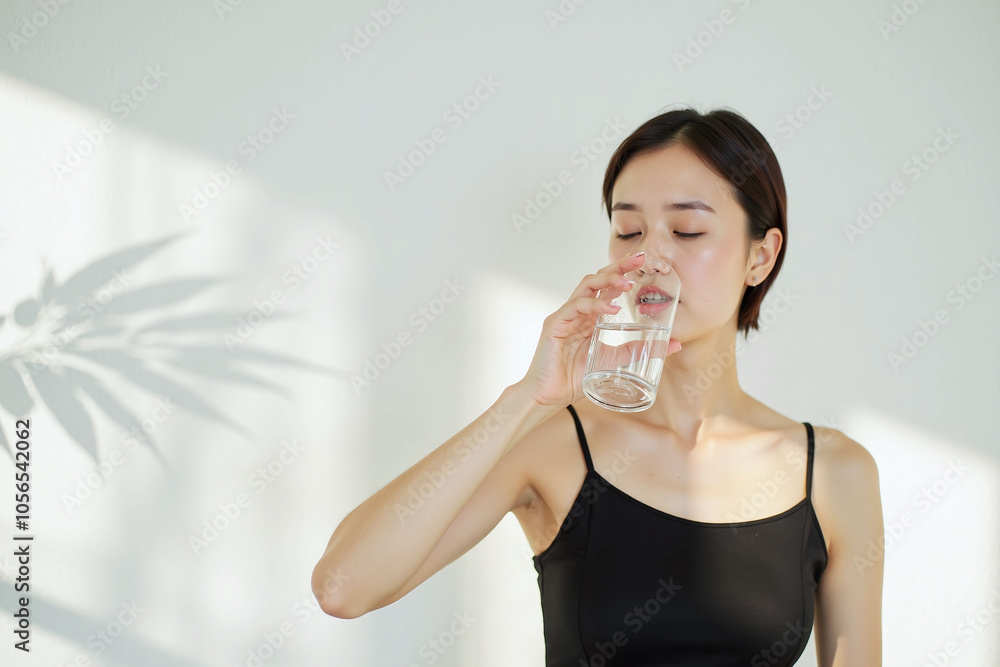 Young woman drinking water, black top, serene expression Young woman drinking water, black top, serene expression