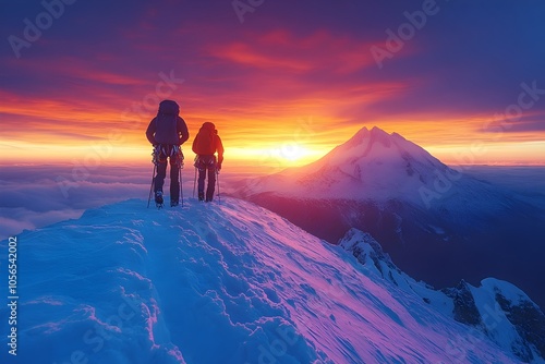 climbers reaching the summit of a snow-capped mountain at sunrise, with clouds below and dramatic peaks in the distance. climbers reaching mountain summit at sunrise photo