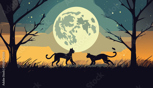 Illustration of a cat in the forest at night with full moon