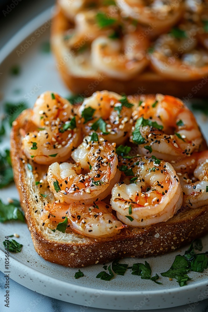 Toasted Bread with Grilled Shrimp, Sesame Seeds, and Parsley Toasted Bread with Grilled Shrimp, Sesame Seeds, and Parsley