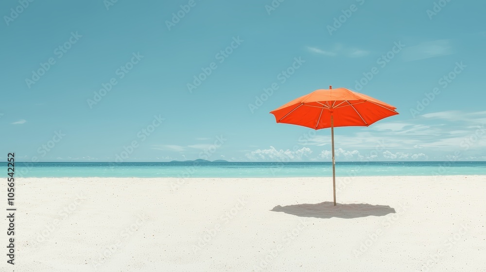 Tropical Beach Umbrella on White Sand with Blue Ocean and Sky Tropical Beach Umbrella on White Sand with Blue Ocean and Sky