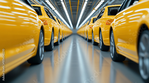 Obraz na płótnie A vibrant row of yellow taxis lined up in a modern garage, showcasing sleek designs and polished surfaces, representing urban transportation. w salonie