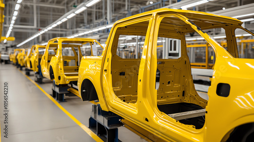 A visual representation of yellow truck frames on an assembly line in a modern factory, showcasing the manufacturing process in the automotive industry.