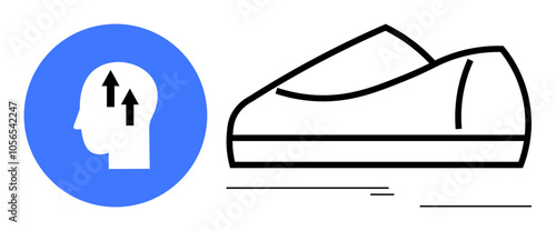 Blue circle with head profile featuring two upwards arrows next to minimalist running shoe. Ideal for mental health awareness, fitness motivation, wellness coaching, sports promotion, personal