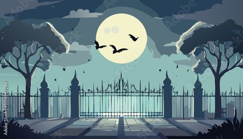 Vector scene of fence at night with full moon and flying birds.