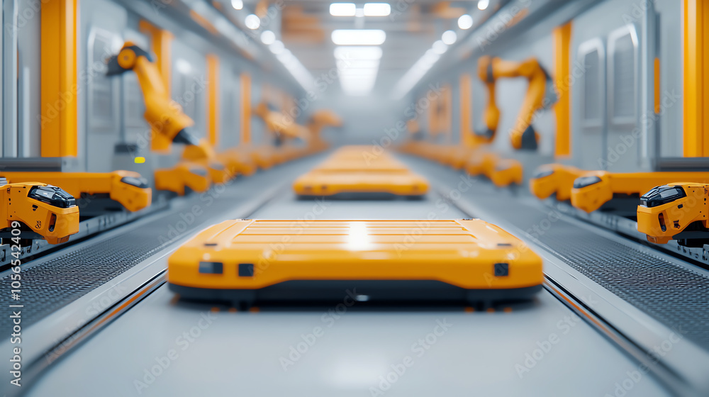 Fototapeta premium An advanced robotics assembly line with automated robots and transport carts, showcasing modern manufacturing technology in a sleek environment.