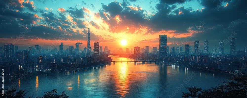 A breathtaking sunset over a city skyline, reflecting vibrant colors on the water, creating a serene and captivating atmosphere that symbolizes urban beauty. A breathtaking sunset over a city skyline, reflecting vibrant colors on the water, creating a serene and captivating atmosphere that symbolizes urban beauty.
