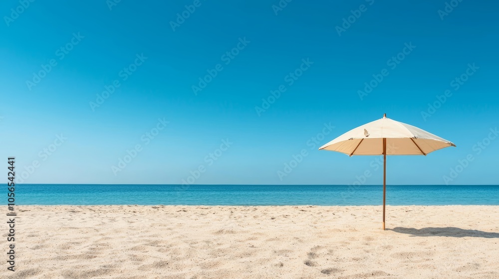 Beach Umbrella on Sandy Beach with Blue Sky and Sea Beach Umbrella on Sandy Beach with Blue Sky and Sea