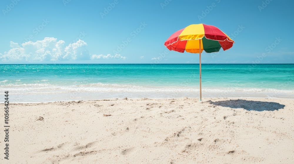 Beach Umbrella on Sandy Beach with Turquoise Ocean Beach Umbrella on Sandy Beach with Turquoise Ocean