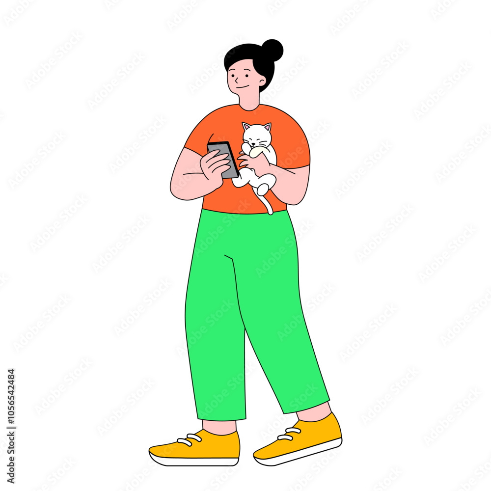 Flat Color Outline Woman Holding Cats Flat Color Outline Woman Holding Cats