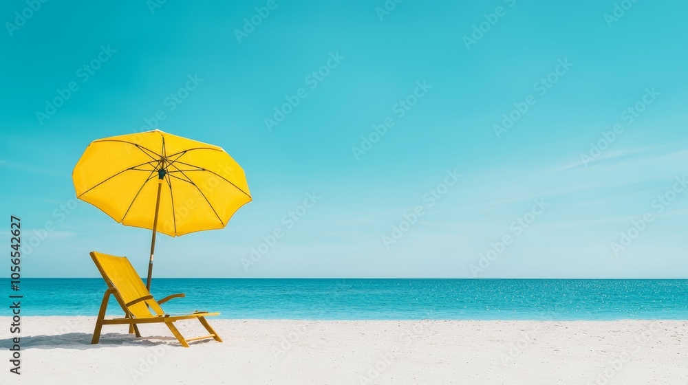Yellow Beach Umbrella and Chair on Sandy Beach Yellow Beach Umbrella and Chair on Sandy Beach