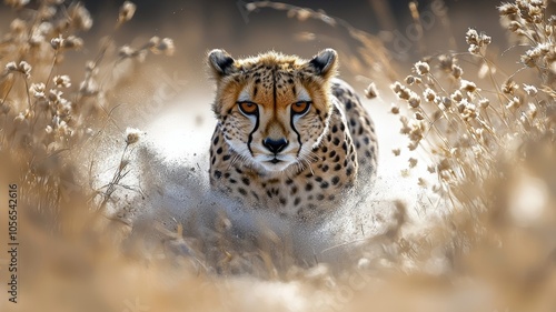 A focused cheetah prowling through tall grass, showcasing its striking features and sharp gaze in a natural environment. photo