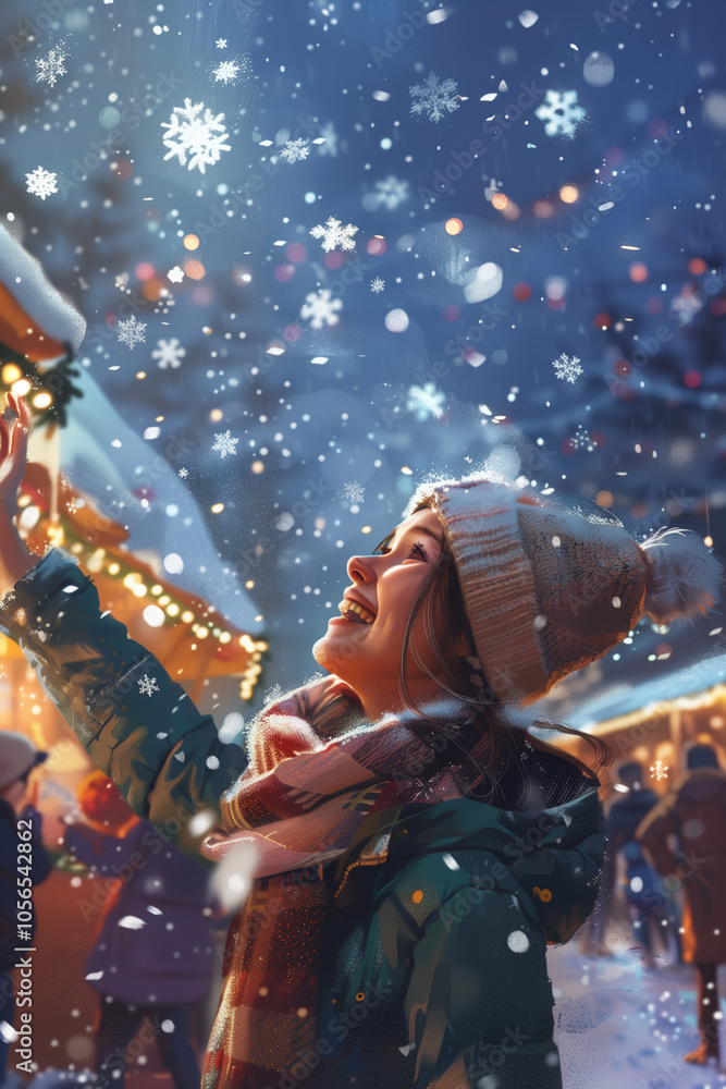  Joyful woman tossing snowflakes at a vibrant christmas market scene