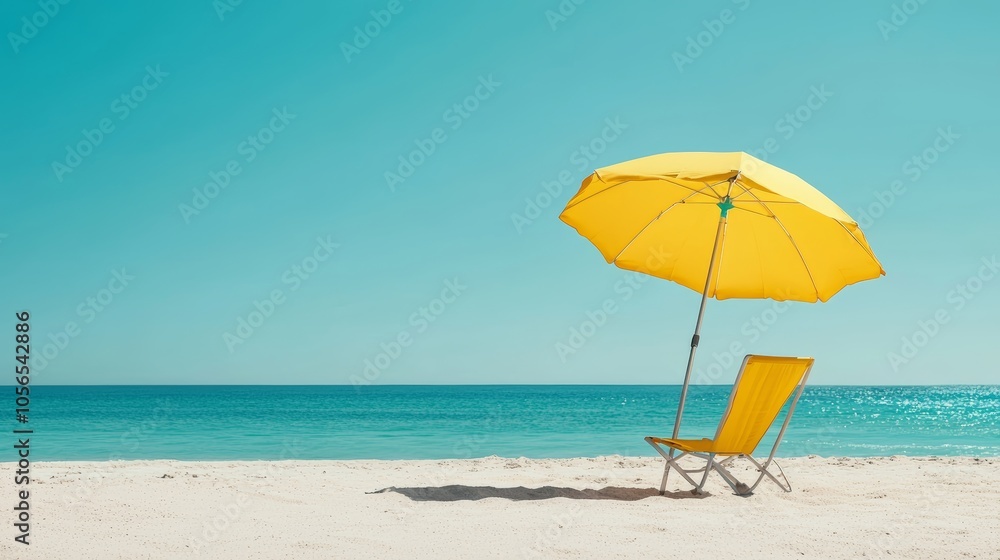 Yellow Beach Umbrella and Chair on Sandy Beach with Turquoise Water Yellow Beach Umbrella and Chair on Sandy Beach with Turquoise Water