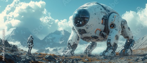 A futuristic scene featuring a humanoid figure standing next to a large robotic creature in a mountainous landscape under a bright sky. photo