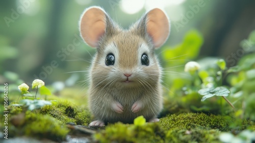 A cute, brown mouse with big ears and black eyes sitting in green grass and moss.