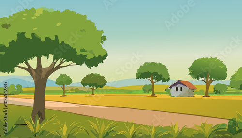 Vector illustration of a rural landscape with a country house and trees.