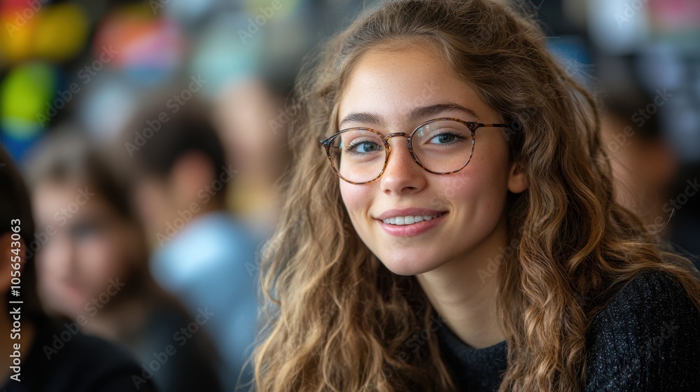 Smiling student with curly hair and glasses in a classroom setting Smiling student with curly hair and glasses in a classroom setting