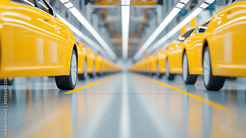 Close-up view of yellow taxis lined up in a modern vehicle factory, showcasing the assembly process and vibrant colors in a sleek environment.