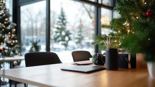 Open office space decorated for Christmas holidays with trees and ornaments, creating warm and festive atmosphere at workplace 