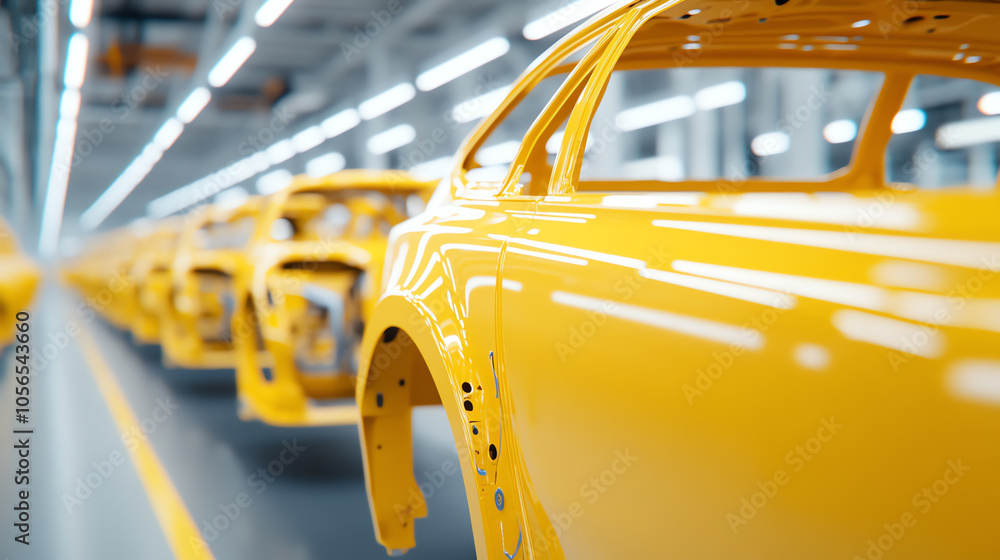 Yellow car frames lined up in a factory, showcasing modern automotive manufacturing processes and technology.