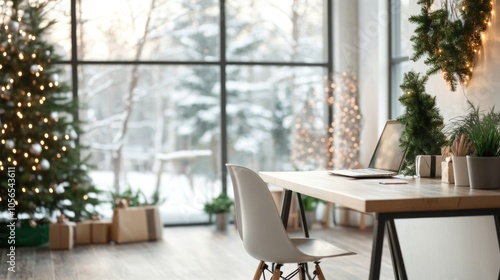 Open office space decorated for Christmas holidays with trees and ornaments, creating warm and festive atmosphere at workplace 