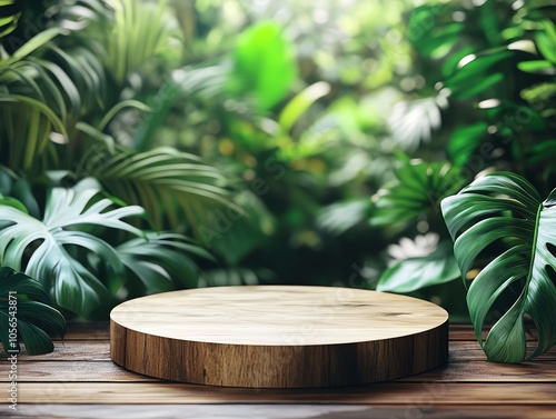 A round wooden podium sits on a wooden surface with a lush green tropical backdrop of leafy plants. photo