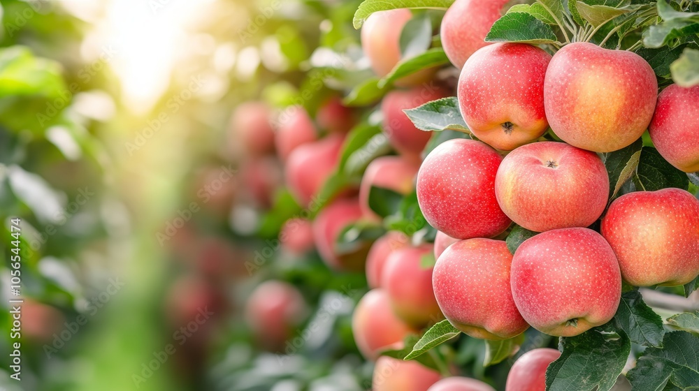 Ripe red apples hanging on a tree branch in an orchard, ready for harvest Ripe red apples hanging on a tree branch in an orchard, ready for harvest