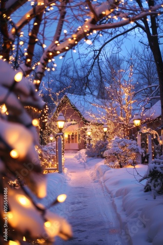 Outdoor holiday decorations with a winter wonderland theme. photo