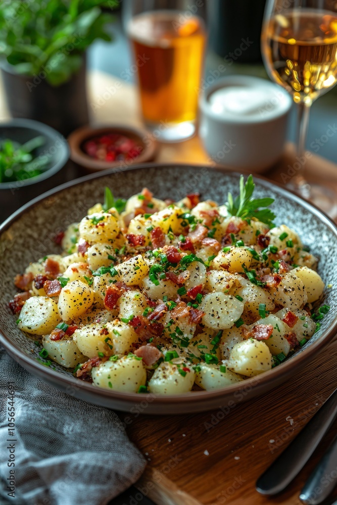 A Close-Up of German Potato Salad with Bacon, Parsley, and Chives A Close-Up of German Potato Salad with Bacon, Parsley, and Chives